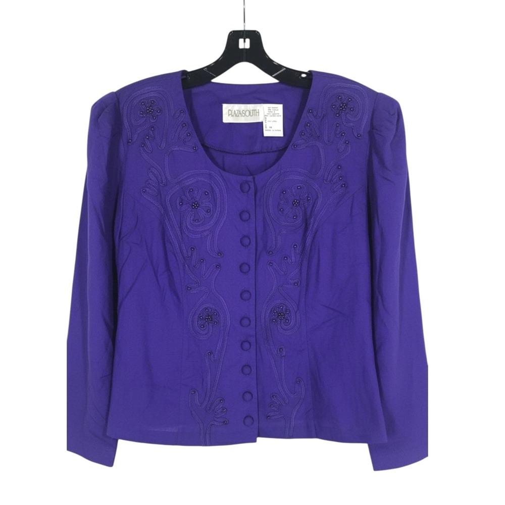 Vtg PLAZA SOUTH Purple SATIN Ribbon Design Beads Button-Down Jacket/Top Sz 14
